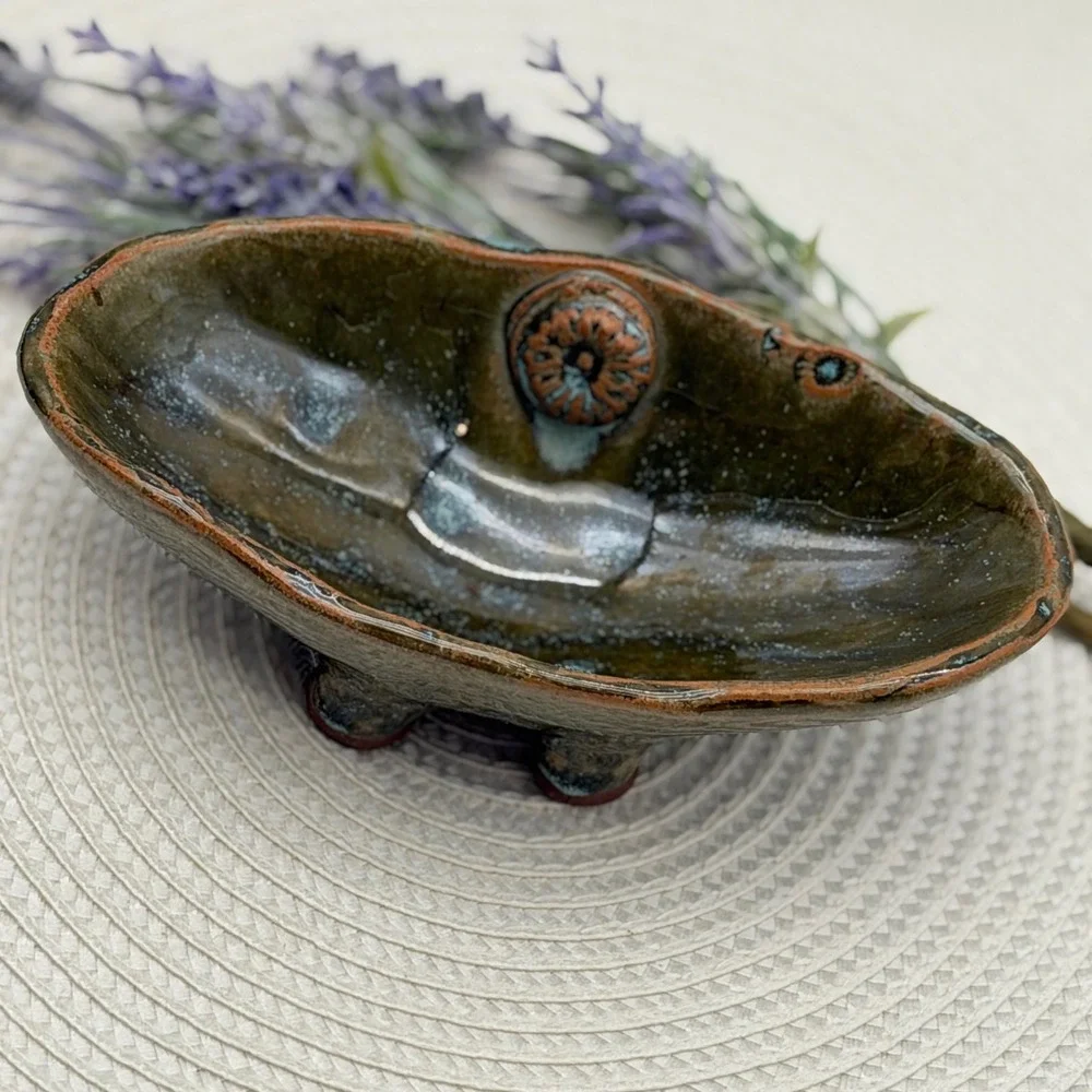 Earthborn Pottery Handmade Glazed Stoneware Footed Trinket Dish Green Blue Brown